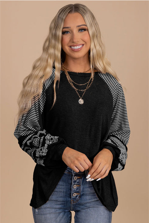 Contrast Print Striped Raglan Crew Neck Loose Long Sleeve Top